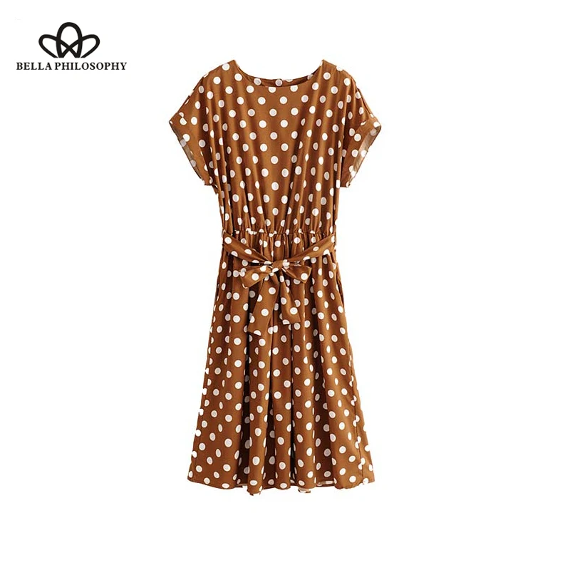 Wonder new summer vintage bow tie sashes dot pattern midi dress elastic waist short sleeve summer ladies casual dresses vestidos