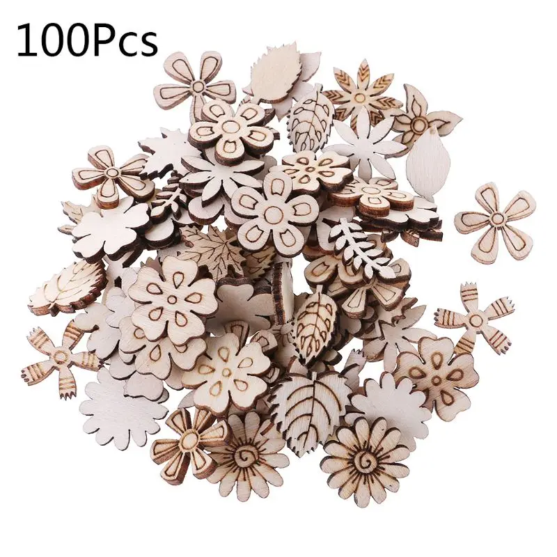 

100pcs Cut Wood Flowers and leaves Embellishment Wooden Shape Craft Wedding Decor