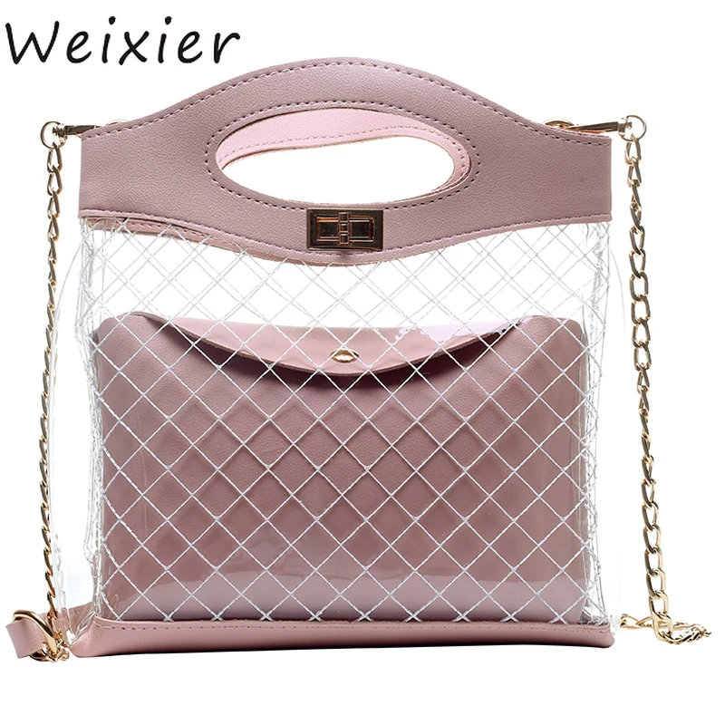 

WEIXIER Female Transparent Jelly Tote bag Summer New Quality Women's Designer Handbag Lattice Chain Shoulder Messenger bag V1-90
