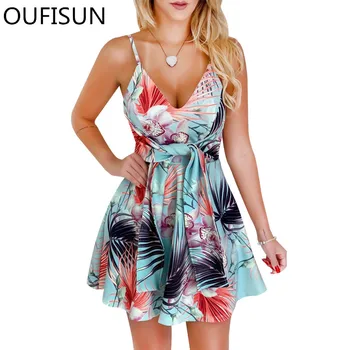 

Oufisun Summer Boho Print Beach Dress Sexy V-neck Spaghetti Strap Backless Party Dress Women's Casual Lace Up Slim Mini Dresses
