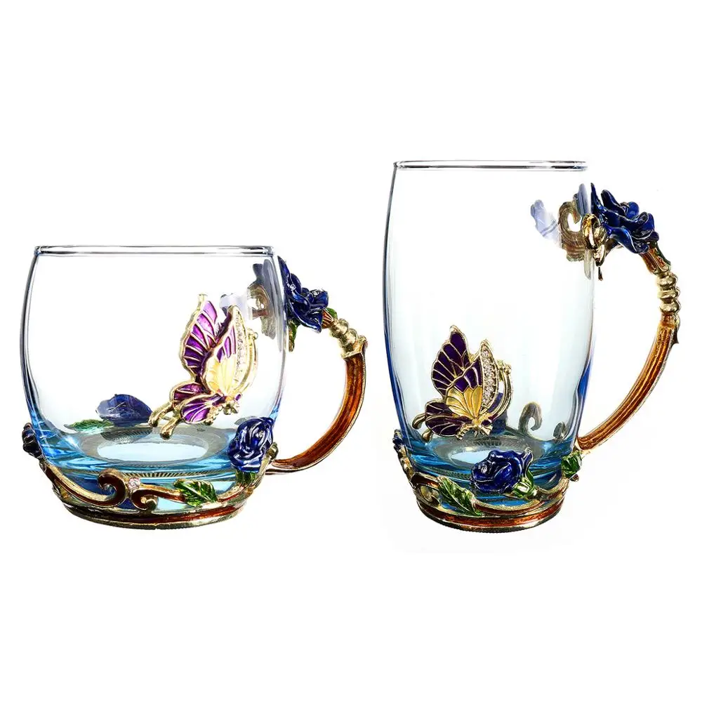 

Beauty And Novelty Enamel Coffee Cup Mug Flower Tea Glass Cups for Hot and Cold Drinks Tea Cup Spoon Set Perfect Wedding Gift