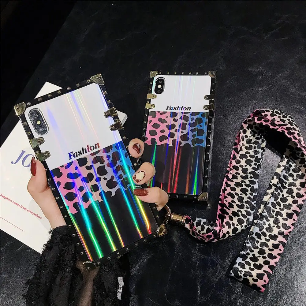 

Luxury brand animal leopard square metal silicone phone case for iphone 7 7plus 8 6 6s plus X XR XS MAX lanyard hair ball coque