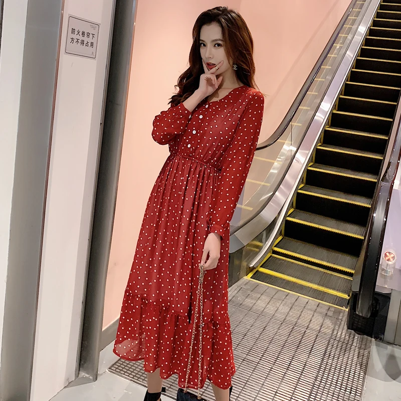 

Two Layers V-neck Dot Printed A-line Women Long Dress Full Sleeve Female Chiffon Dress 2019 Elastic Waist Vestidos