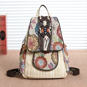 

Linen Backpack Women Casual Embroidery Printing Vintage Art Shoulders Bag Retro Female Canvas Backpack Midi Travel Bag 2019