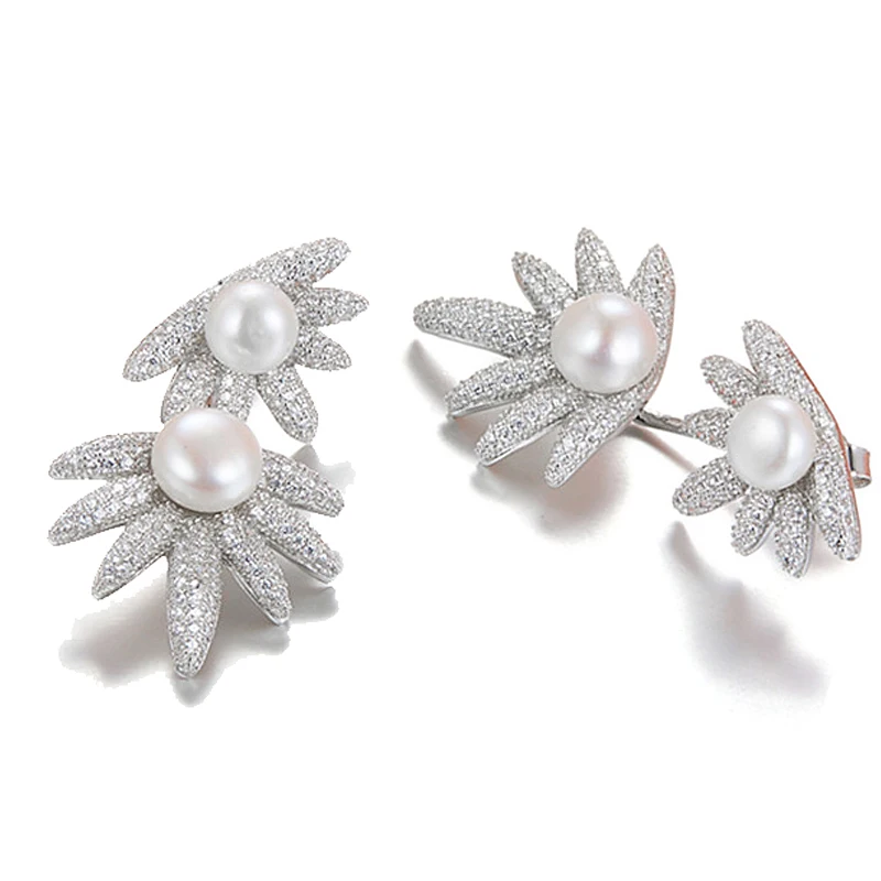 [MeiBaPJ] Personality Trendy S925 Sterling Silver Large Earrings Real Natural Pearl Fashion Flower Stud Fine Jewelry | Украшения и