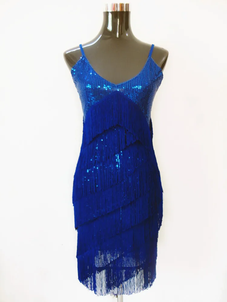 Потрясающий танцевальный сценический костюм, Многоуровневое платье с бахромой и v-образным вырезом, платье с бахромой 1920s Great Gatsby, вечерние платья на бретельках с блестками - Цвет: royal blue