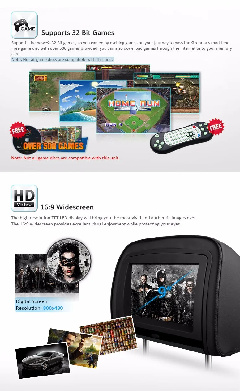 Sale 2x9" Black Color Car Headrest DVD Player with Buit-in HDMI Port Digital Screen/ IR/ FM Transmitter 4