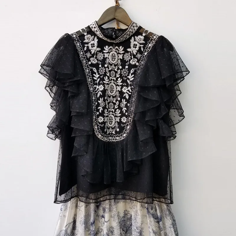 

Elegant Embroidery shirt Stand Lace Polka Dot Batwing Sleeve Ruffles Indie Folk Blouse spring and summer new women