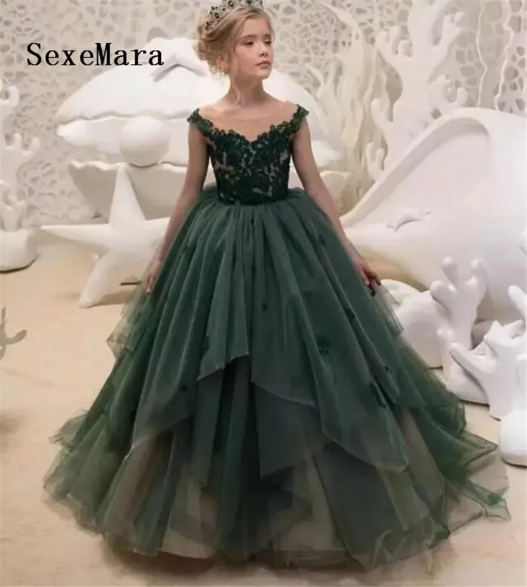 

New Green Lace O Neck Flower Girl Dress Pageant Gown Puffy Tulle Applique Children Birthday Party Dress Custom Made