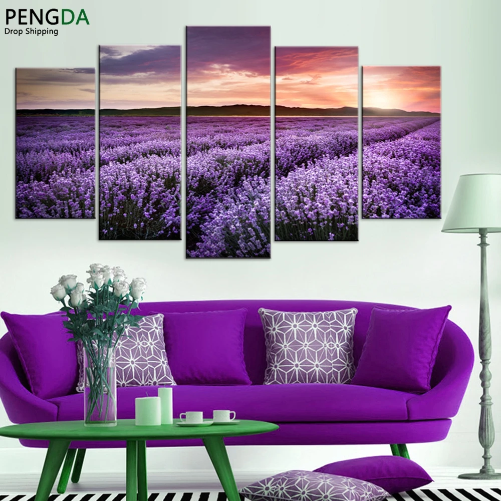 Modern Canvas Wall Art Painting Modular Pictures Frame Home Decor 5 Pieces Provence Lavender Field Landscape Oil Poster