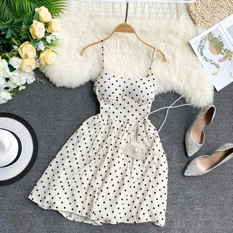

2019 new fashion women's dresses Polka Dot V-neck Halter Pad Holiday Dress