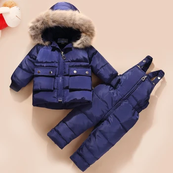 

2Pcs Boys Coats and Pants 2018 Winter Snow Wear Down Jackets Warm Kids Clothes for Girls Clothing Sets Fashion Genuine Fur Hat