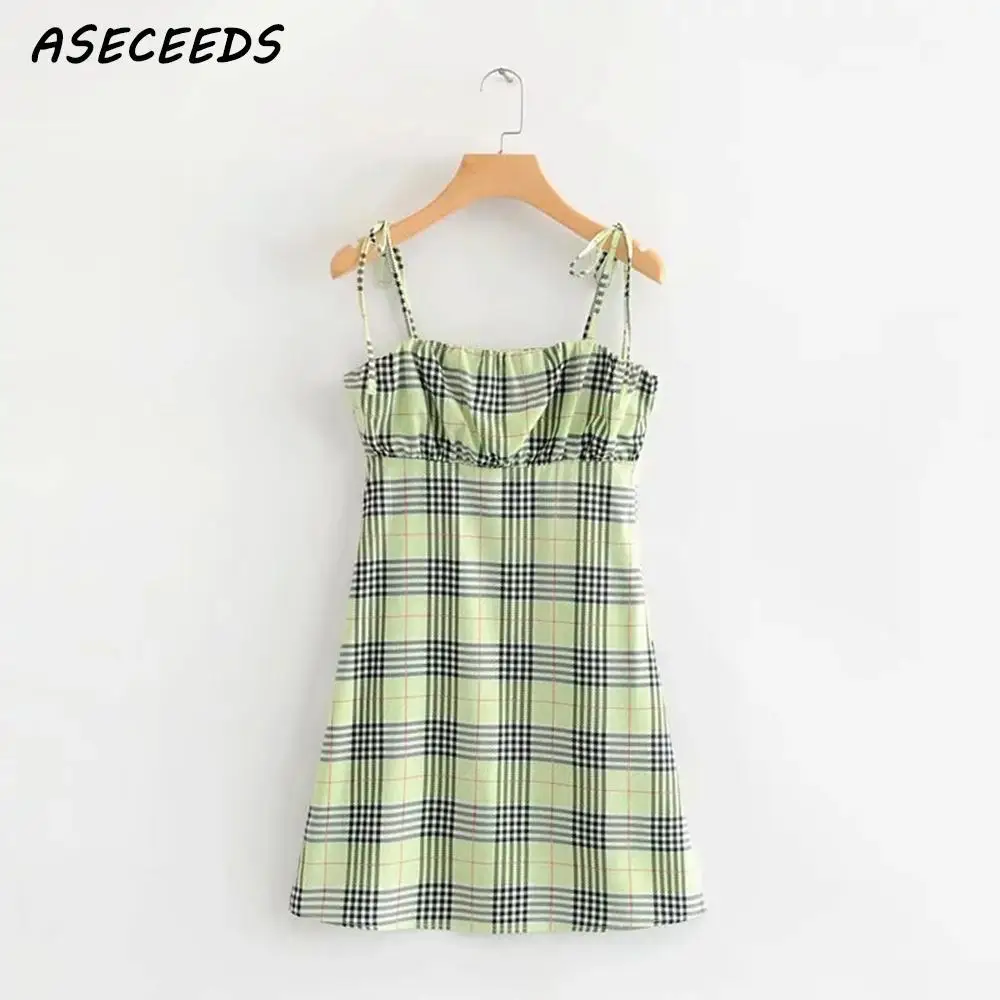 

2019 Summer Dress women Elegant Plaid boho dress female casual Cotton sexy Cami Mini Dress streetwear Korean clothes vestidos