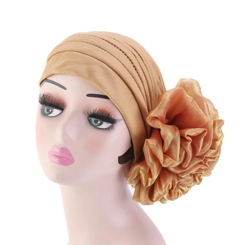 

big flower Stretch Turban Ruffle Hair Hats Beanie Bandanas Scarf Head Wrap Headwear for Women 44