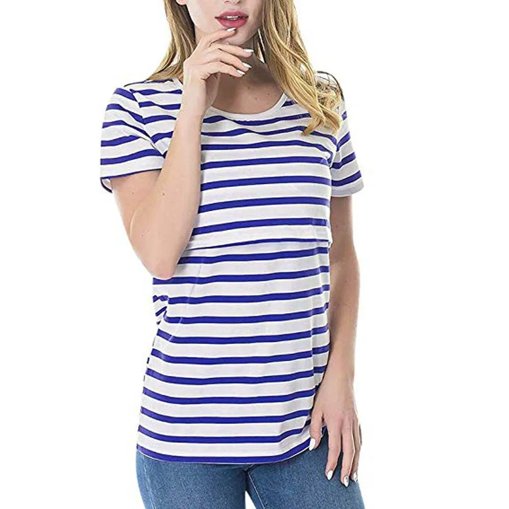 Рубашки для беременных женщин с коротким рукавом в полоску Грудное вскармливание Nusring Одежда для беременных Camisetas De Lactancia рубашка для кормления