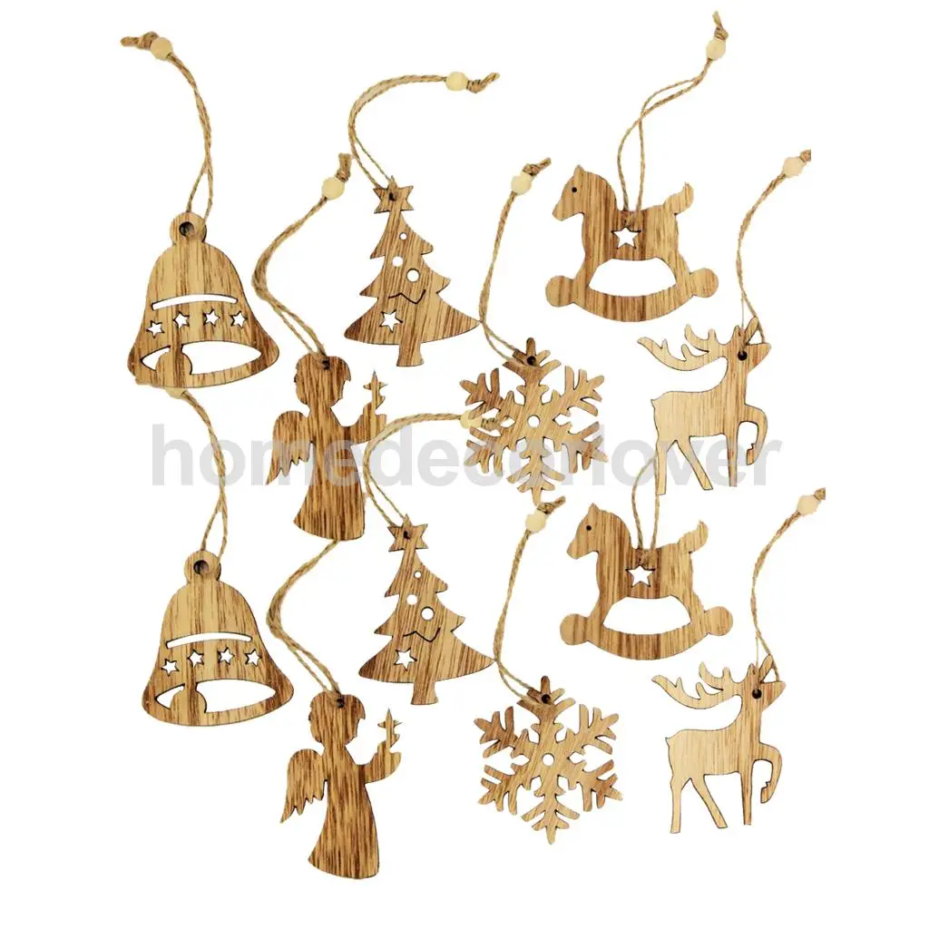 12 Pieces Assorted Wooden Shapes Christmas Tree Ornament Xmas Hanging Bell Snowflake Decoration Gifts Vintage Style