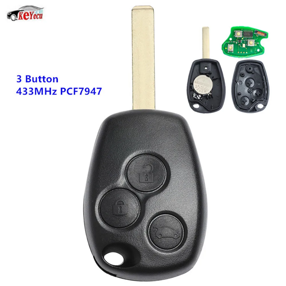 KEYECU New 3 Button 433MHz PCF7947 Chip Remote Car Key for Renault Clio