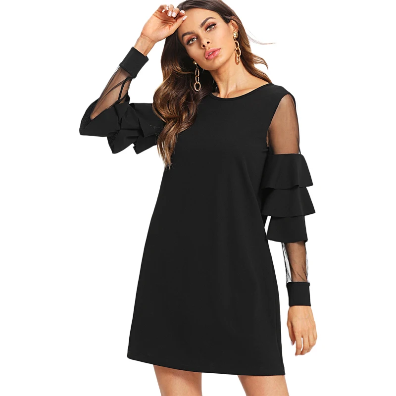 

Ruffles Long Full Sleeve Black A-Line Work Dresses O-Neck Ladies Contrast Mesh Tiered Layer Straight Women Elegant Mini Dress