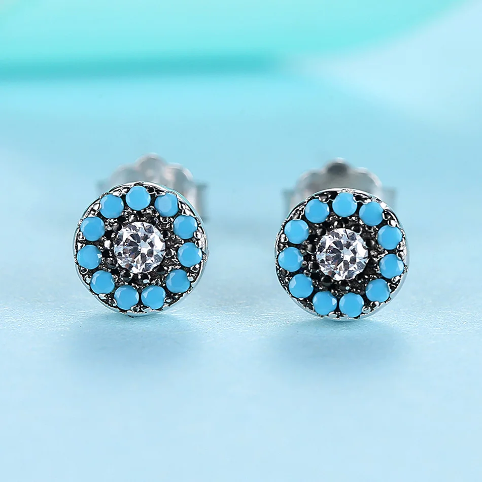 ELESHE 925 Sterling Silver Blue Eye Round Stud Earrings with CZ Zirconia Earrings for Women Fashion Lucky Jewelry 2018 New