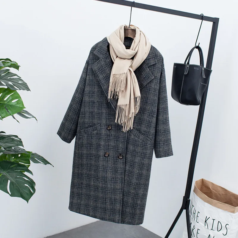 Зимнее Новое Женское шерстяное пальто Длинная Клетчатая Шерстяная Куртка женская элегантная двубортная Повседневная шерстяное пальто Верхняя одежда R929