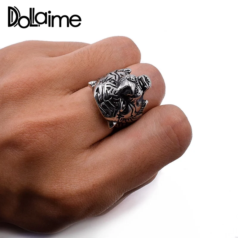 Мужское кольцо с головой тигра Dolaime R765 модное серебряное из нержавеющей стали для