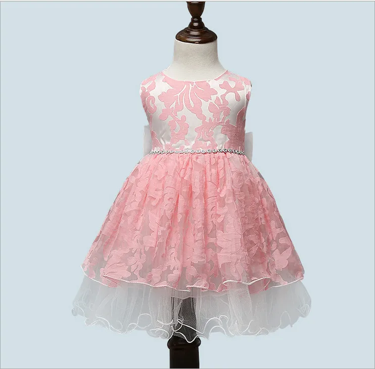 

Free shipping 2016 cute big bow printed mesh lace formal princess ball gown dress girl for summer white pink 2 colors