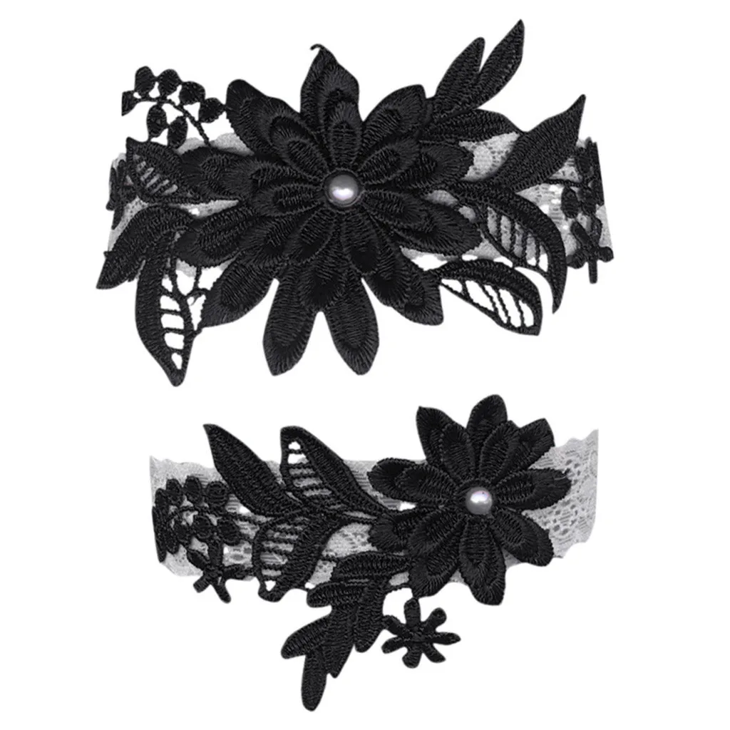 Черный New Fashion Design 2PC solid Lace Flower Garter Set Wedding Garter Belt Floral Design Garter for Bride sexy stockings - Цвет: Черный