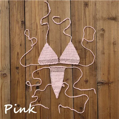 Pink 13 цветов, ручная вязка, горячее бикини, женские сексуальные микро купальники, пляжные комплекты нижнего белья для загара - Color: Pink