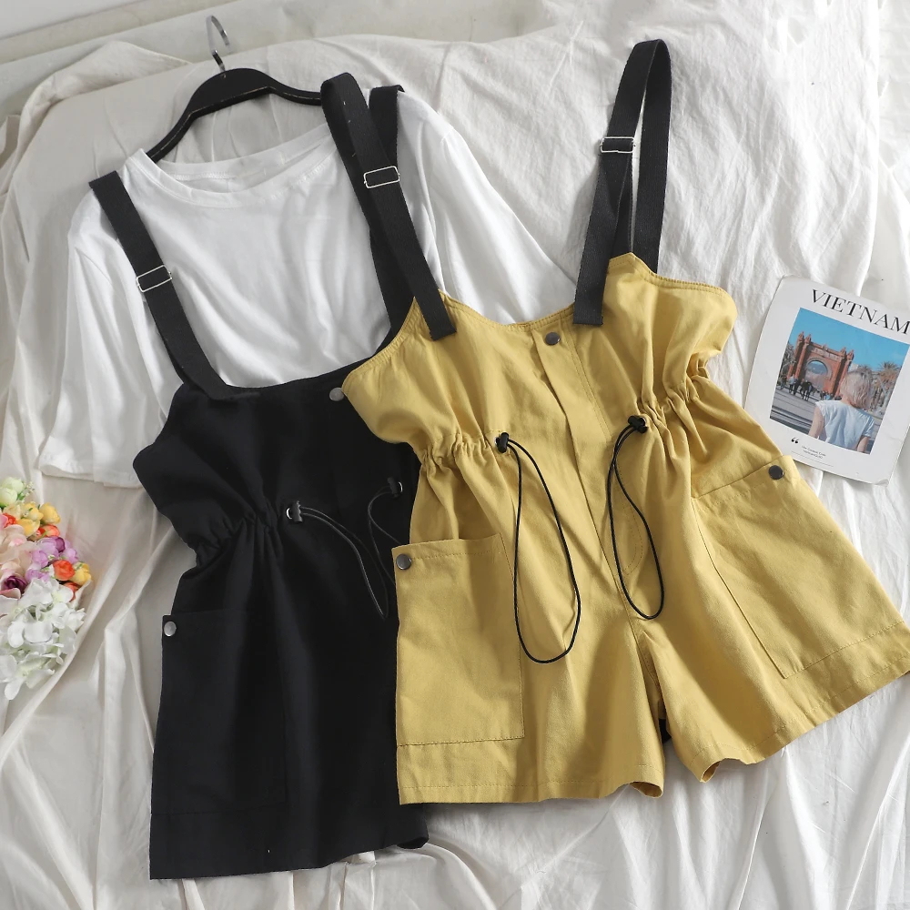 

2019 Women Summer Suit Set Preppy Style White Top Tees T-shirt + Braces Strap Pants Shorts Wide Leg Pants
