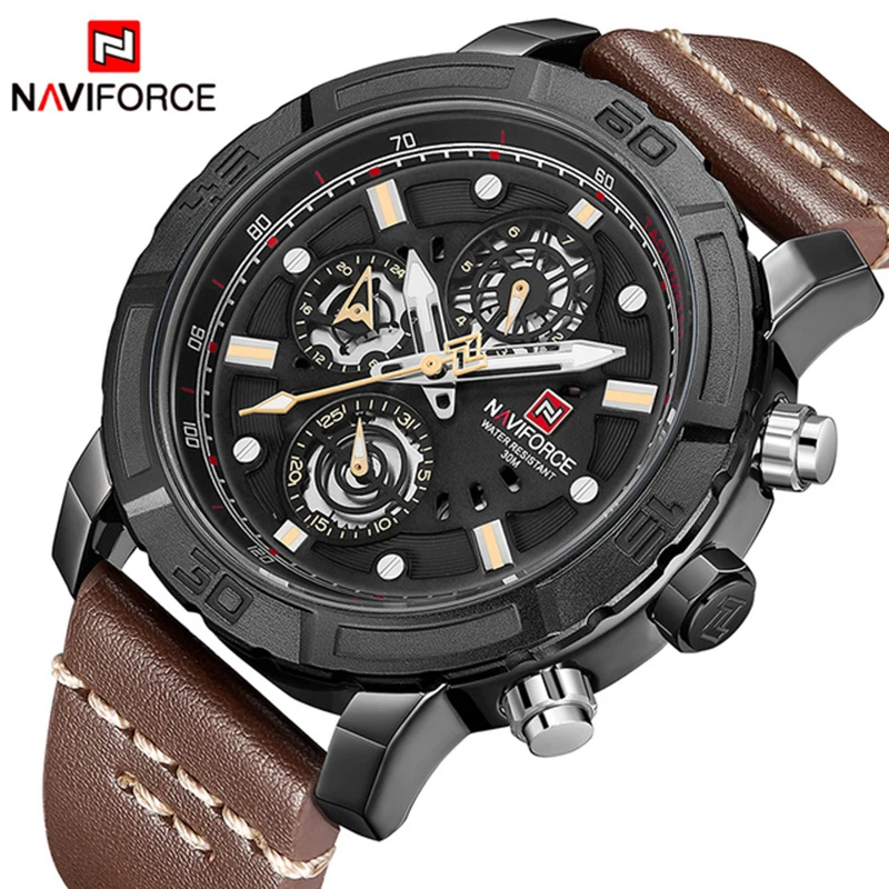 

Mens Watches NAVIFORCE Top Luxury Brand Male Leather Multi-function Quartz Watch Mens Waterproof Sport Clock Relogio Masculino