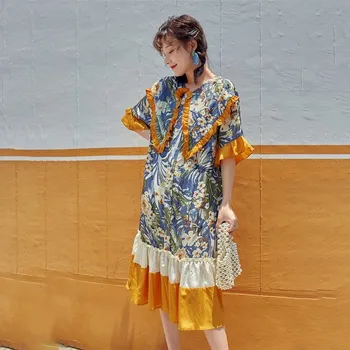 

[EWQ] 2020 Spring Summer New Pattern Ruffled Collar Short Sleeve Print Patchwork Pullvoers Vintage Loose Dress Women AG69507L