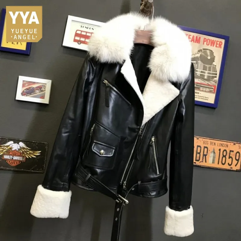 

New Fashion Women Sheepskin Genuine Leather Jacket Biker Outwear Coats Female Punk Short Winter Warm Real Fox Fur Collar Jacket