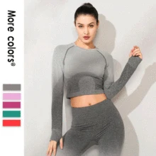 Женская футболка для йоги с длинными рукавами, градиентный цвет, сексуальный для спортзала, Спортивная рубашка, тонкая тренировка, круглый вырез, дизайн, Йога, воздухопроницаемые рубашки, размер s-xl