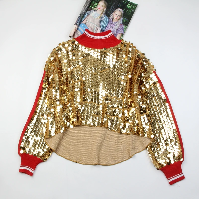 new 2018 early autumn sweater lazy gold sequins knitted short front long back | Женская одежда