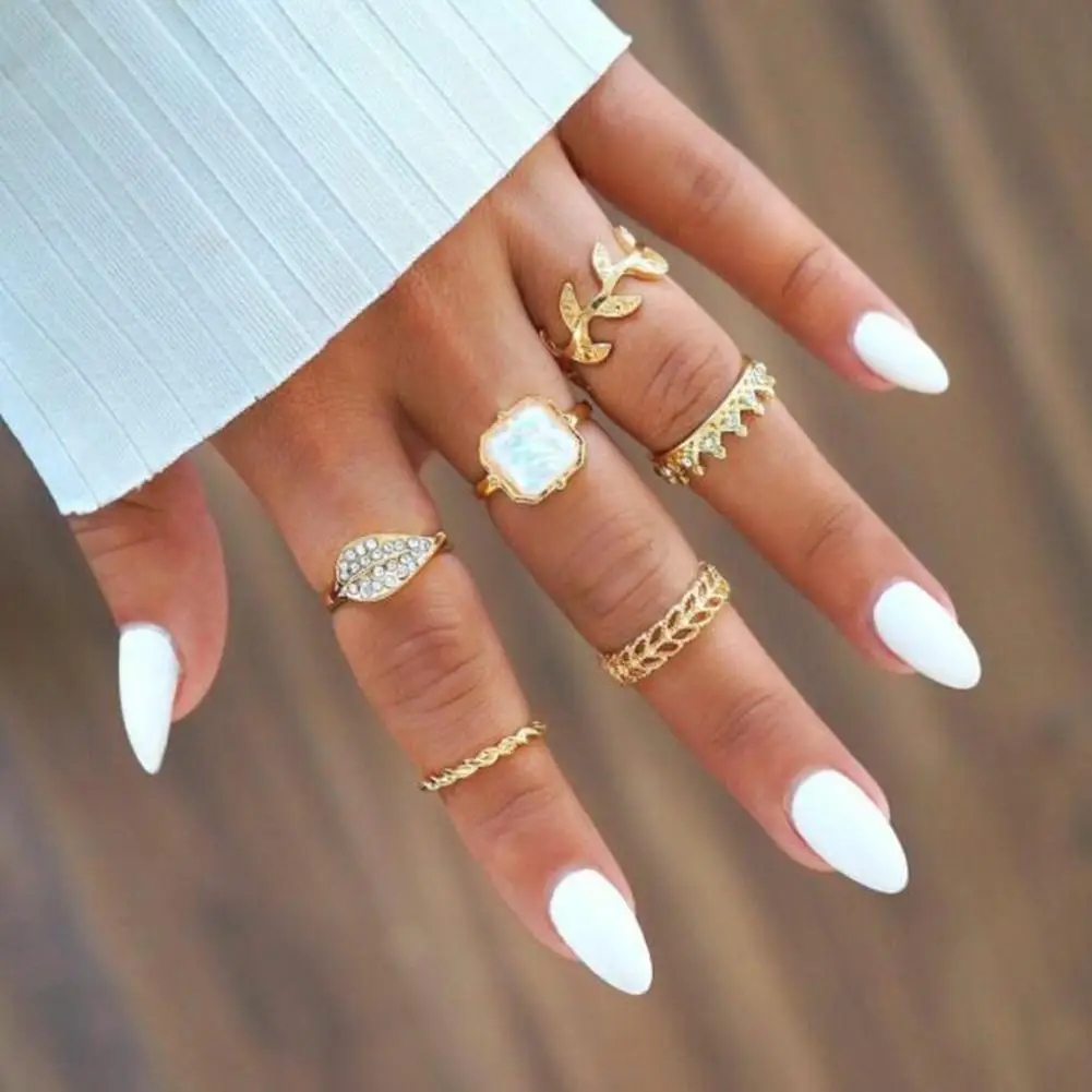 

6Pcs/Set Women Leaf Crown Rhinestone Stacking Midi Knuckle Finger Rings