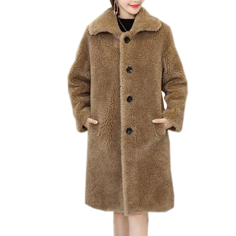 Коричневое Пальто из искусственного меха, женская повседневная куртка, Осень-зима, теплое длинное пальто из овечьей шерсти, модная женская верхняя одежда с отворотом, пальто размера плюс