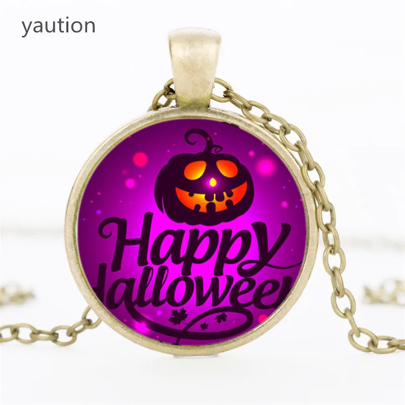 3 Color Chain Vintage Halloween Jewelry Pumpkin Glass Cabochon