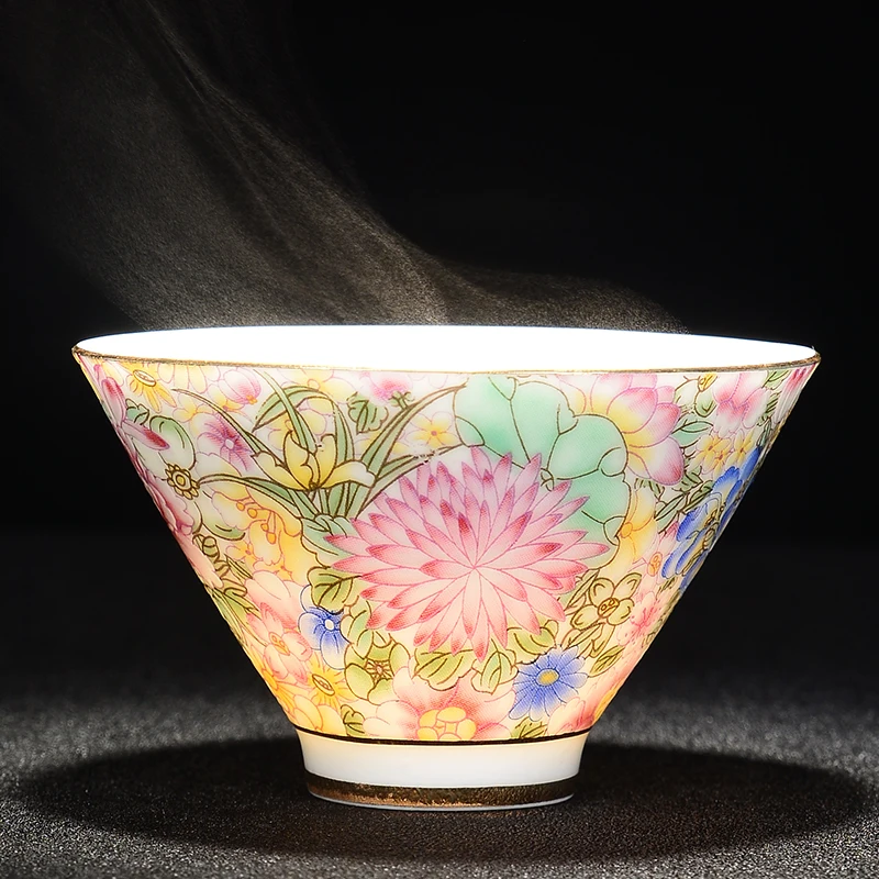 

65/55ML Jingdezeng Ceramics Porcelain Hand Painted Teacup Color Enamel Flowers Master Cup Single Puer Tea Cup Kung Fu Tea Set