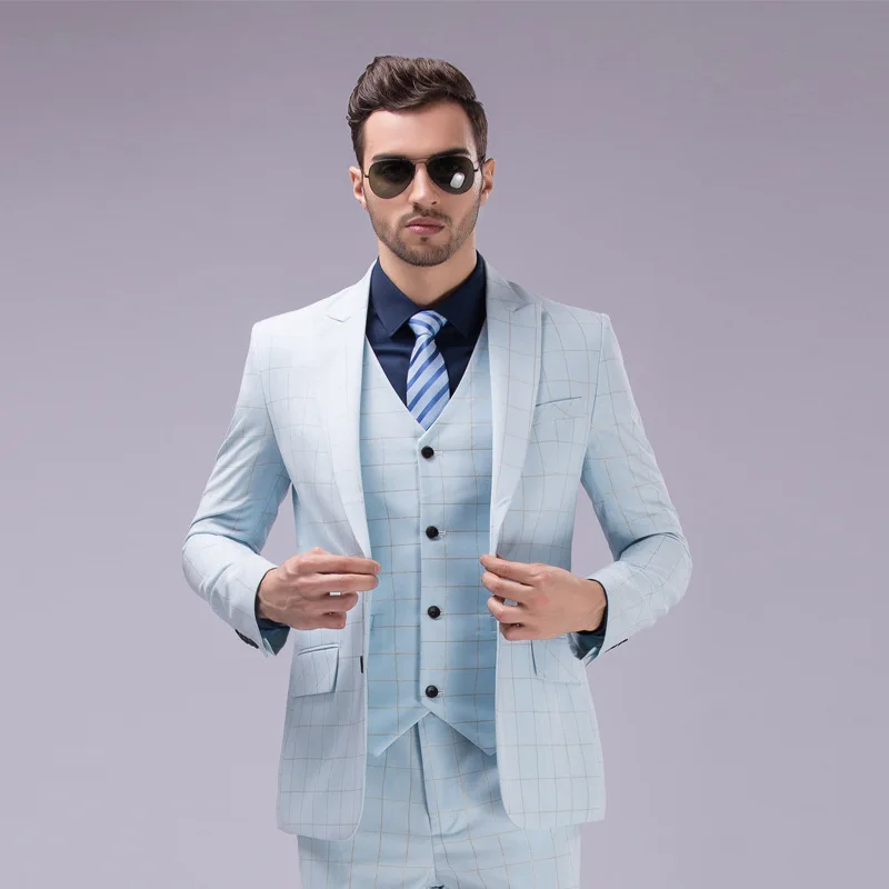 (Jacket+Pants+Vest )2015New Men white Checked Suits Slim