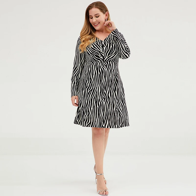 Buykud Women Summer Elegant V-Neck Long Sleeve Loose Party Vestidos Casual Dress  Zebra-Striped Plus Size Women Clothes (4)