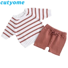 Осень-зима Детские Свитер для мальчиков и девочек, комплект с длинными рукавами, вязаный, для новорожденных Свитер в полоску с короткими рукавами+ шорты 2 шт. из мультфильма; комплект одежды для детей