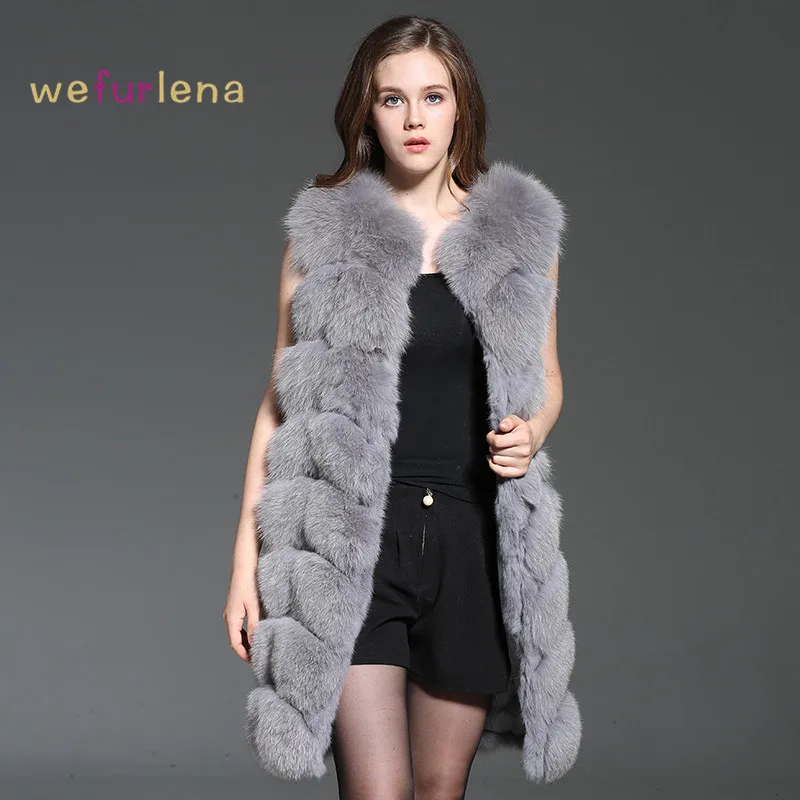 

2018 Hot Sale Welfurlena 90cm Real Fox Fur Vest Genuine Thick Warm Waistcoat Gilet For Women Fashion Sleeveless Coats Plus Size