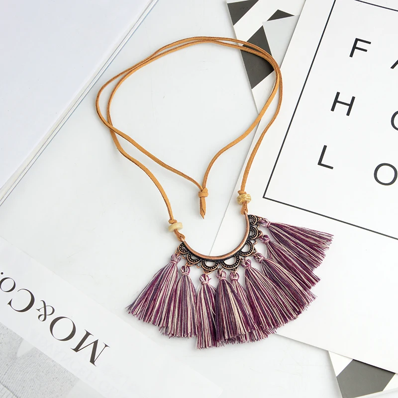 

Tassel Necklace Purple Beige Green Cotton Fringe Tassel Pendant Necklace Tassel Jewelry Necklace for women Bohemian jewelry