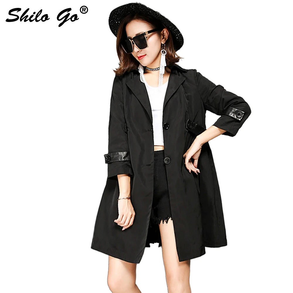 

SHILO GO Leather Trench Womens Autumn Fashion sheepskin genuine leather long coat laple collar long sleeve loose black coat