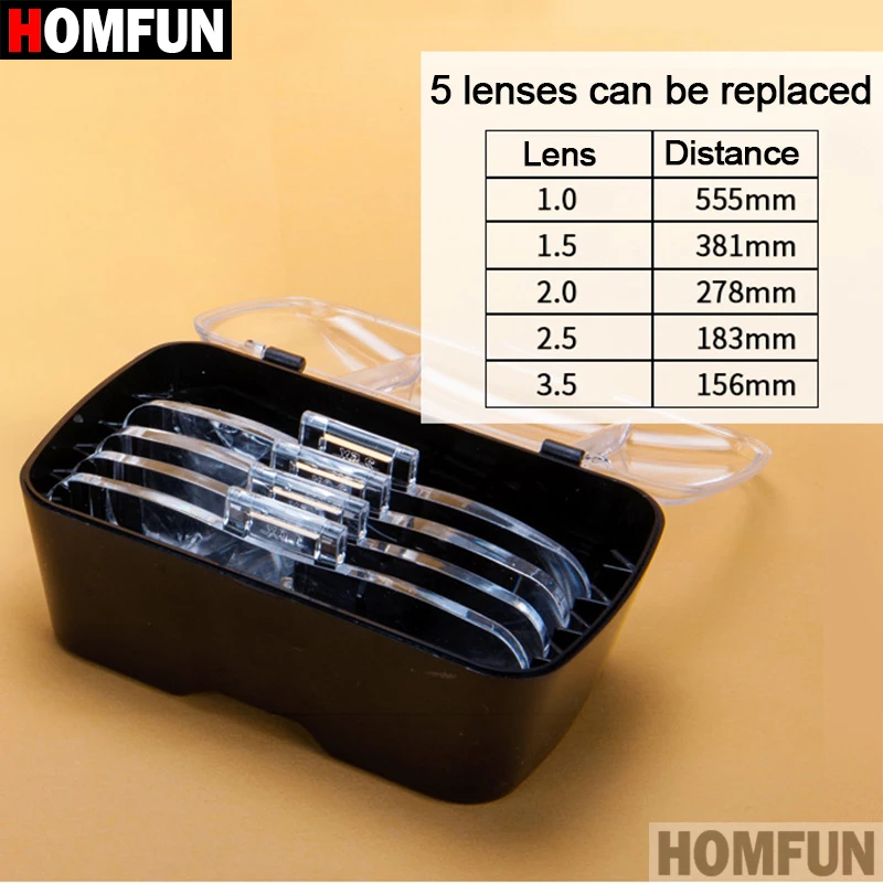 Goede HOMFUN Diamant Schilderij Borduurwerk 1.0X 1.5X 2.0X 2.5X 3.5X Verstelbare 5 Lens Loep LED Light Hoofdband Vergrootglas Glas Met Lamp