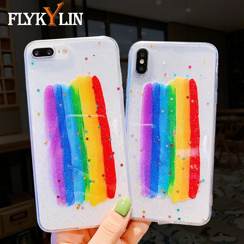 

FLYKYLIN Rainbow Glitter Star Case For iphone 6S 6 S 7 8 Plus XR X XS Max Back Cover Clear Shining Powder Silicone Phone Coque