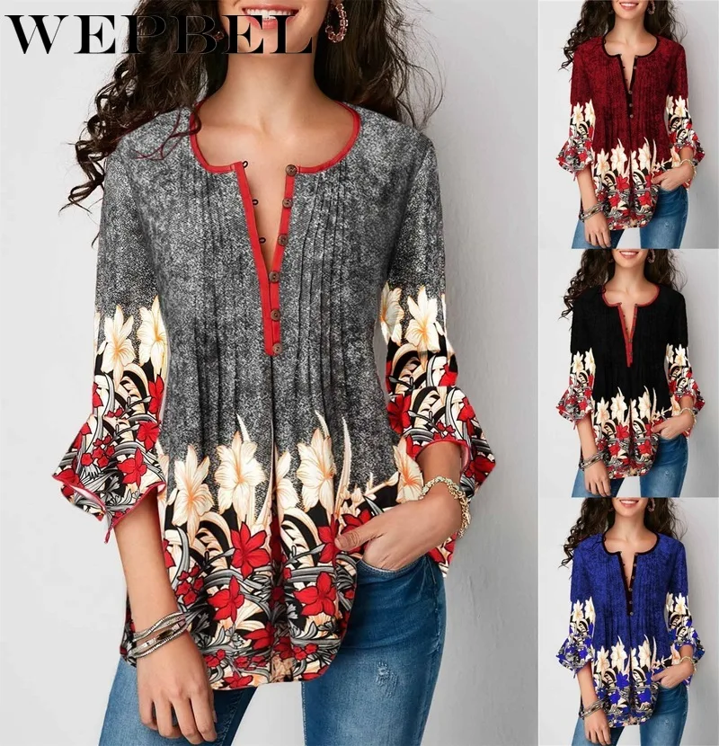  WEPBEL 2019 Summer Women V-neck Blouse Casual Seven-Sleeve Shirt Ladies Printed Lotus Sleeve Tops F