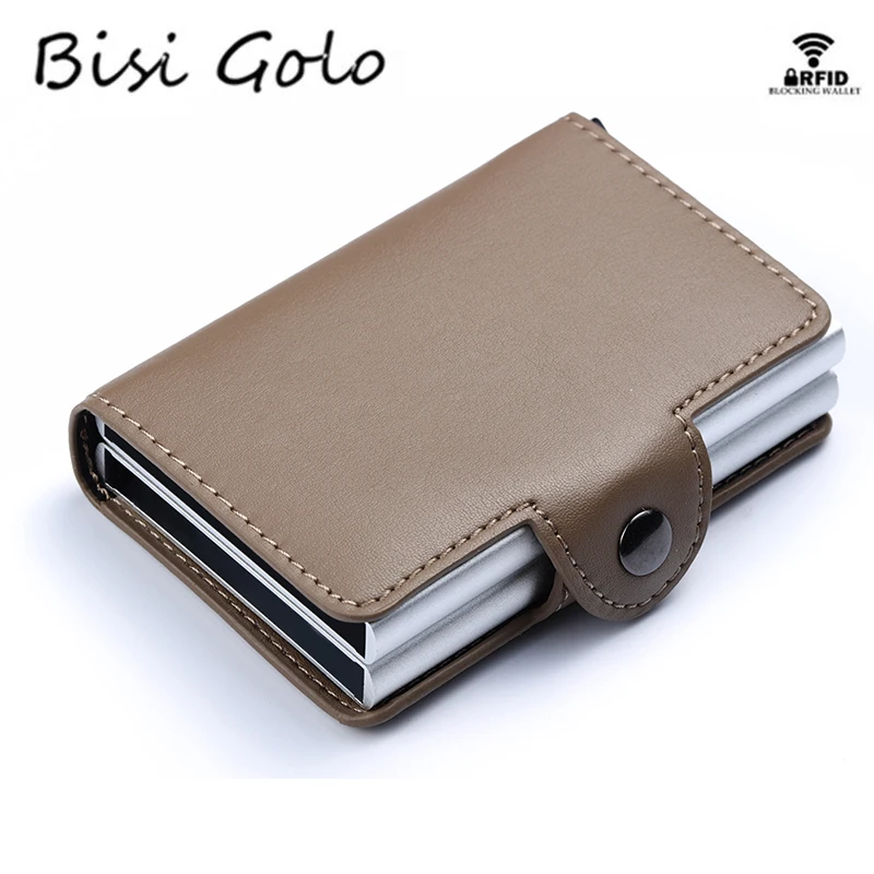 

BISI GORO PU Leather Smart Wallet Aluminum Double Boxes Credit Card Holder Anti-theft RFID Card Case Business New Short Purse