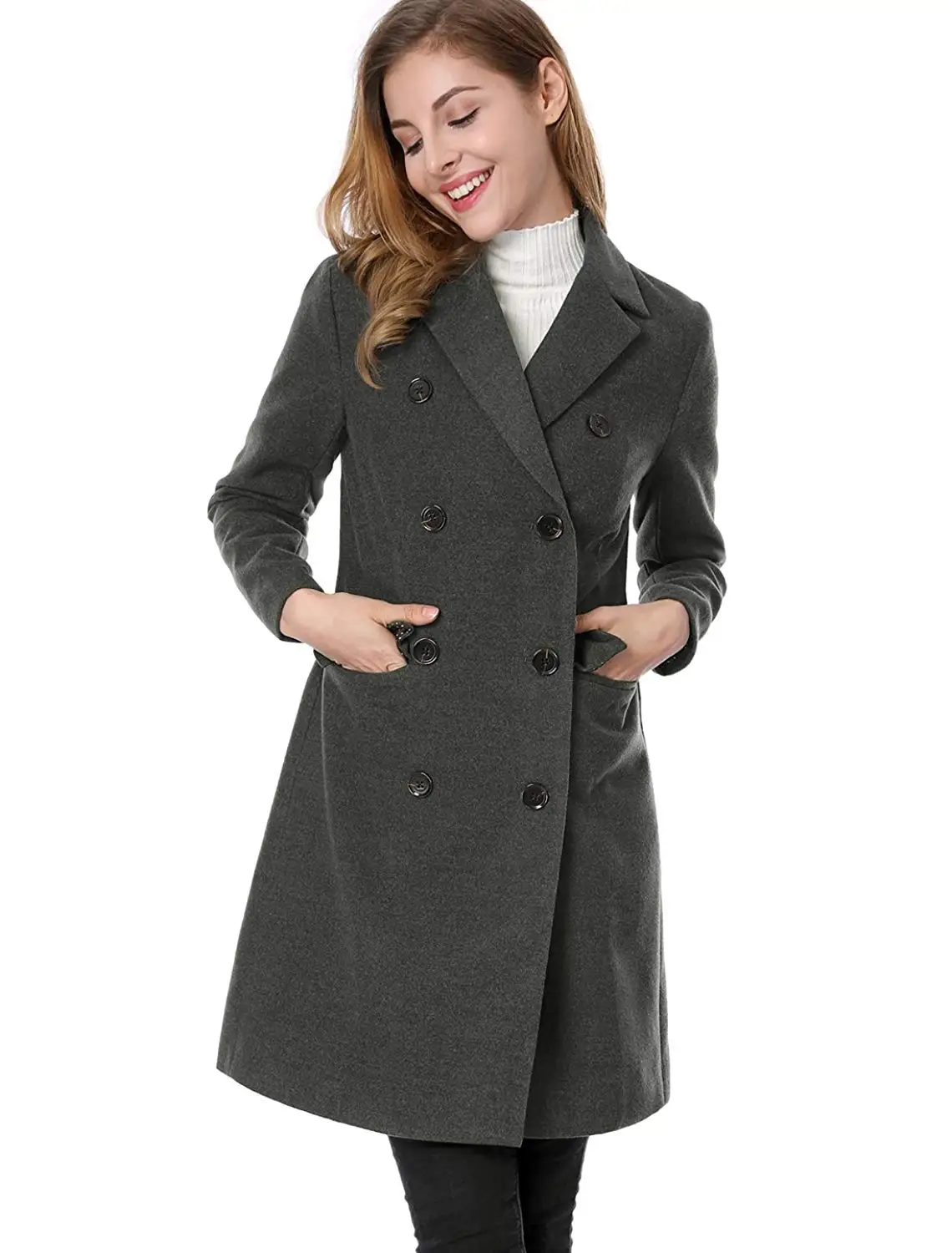 ZOGAA женская одежда пальто женское Новое модное весеннее пальто с отложным воротником однотонное двубортное приталенное шерстяное пальто с карманами - Цвет: Серый