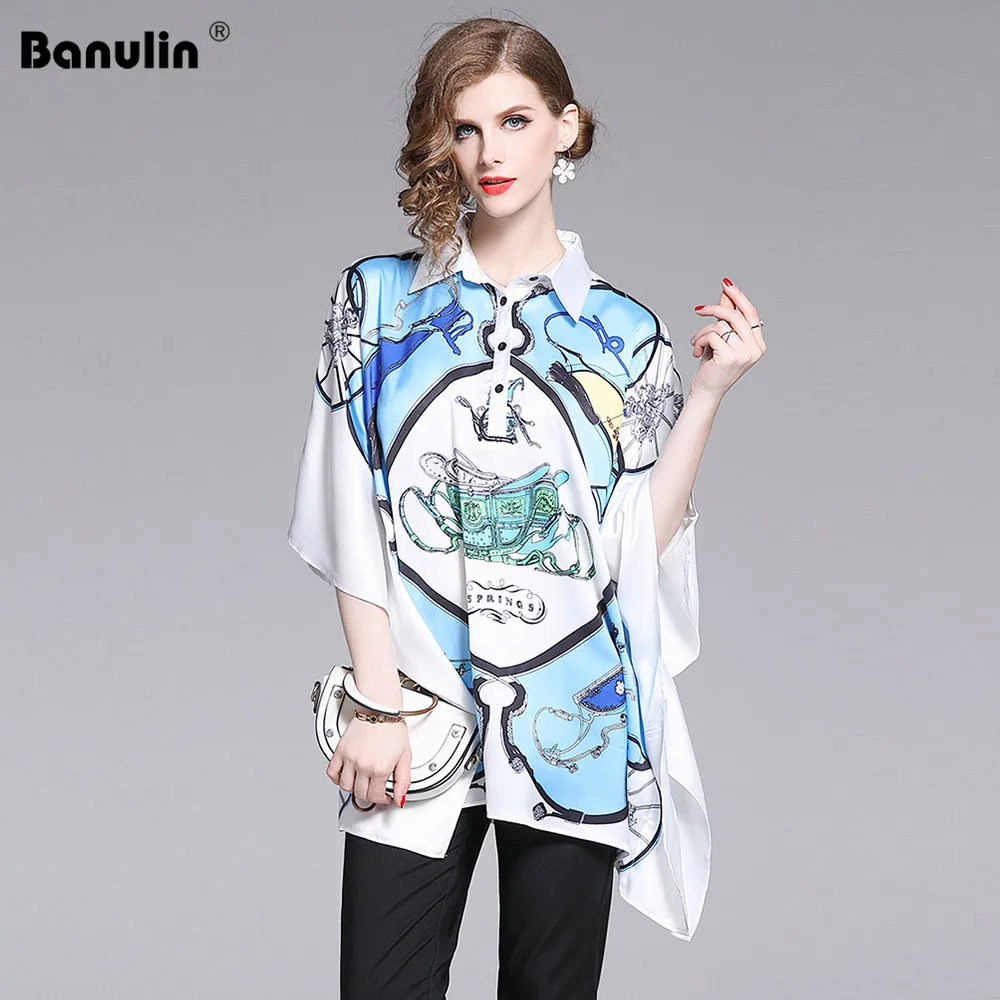 

Banulin Luxury Batwing Sleeve Blouse Fashion 2019 Runway Summer Turn-Down Loose Top Multicolor Print Split Shirts For Women
